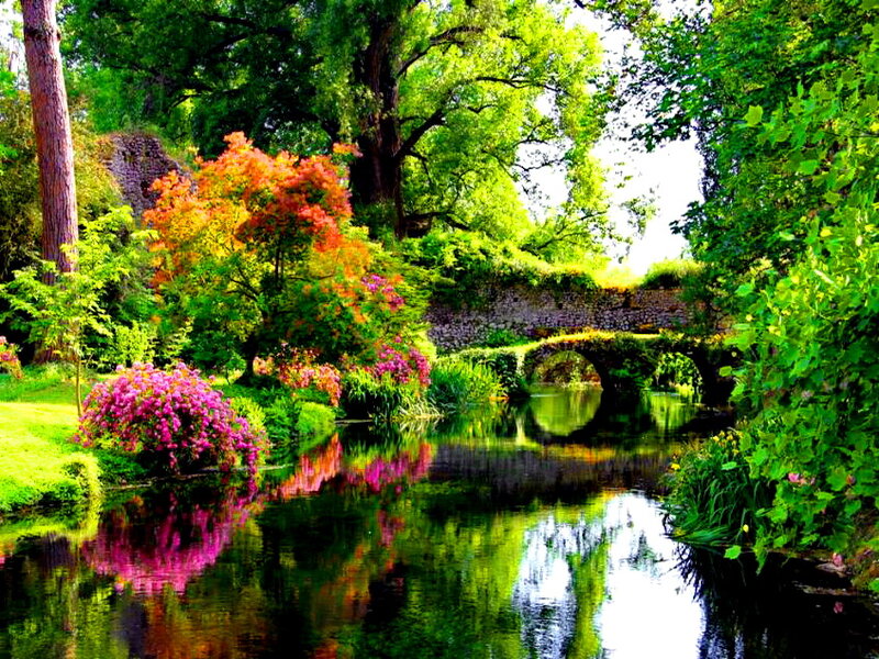 River with Stone Bridge — Green, Serene, Afternoon, Photograph, Trees, Flowers
