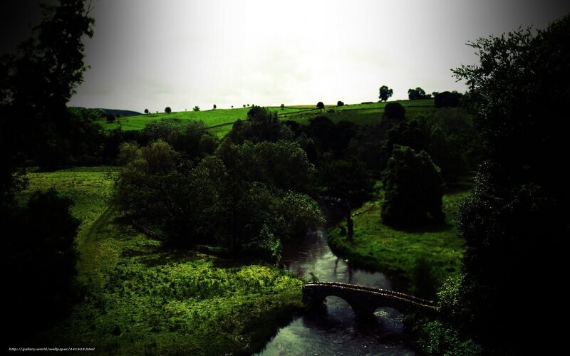 River with Stone Bridge — Green, Serene, Afternoon, Photograph, Trees, Hills