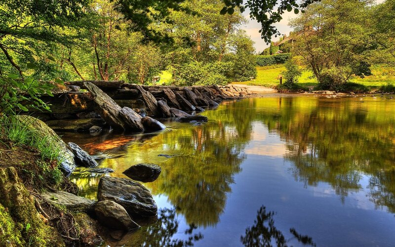 River with Stone Bridge — Green, Serene, Afternoon, Photograph, Trees, Rocks, Reflection