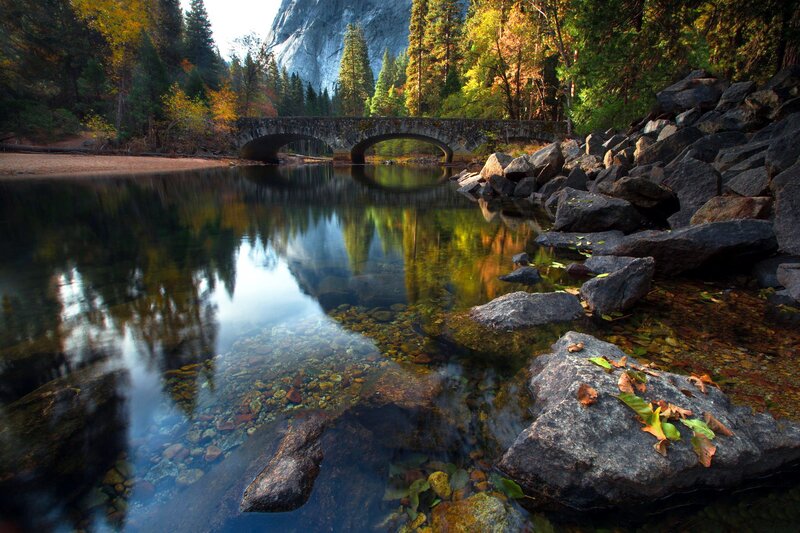 River with Stone Bridge — Green, Serene, Autumn