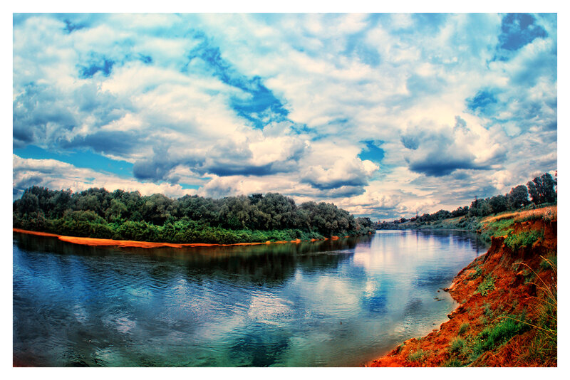 River with Trees and Clouds — Blue