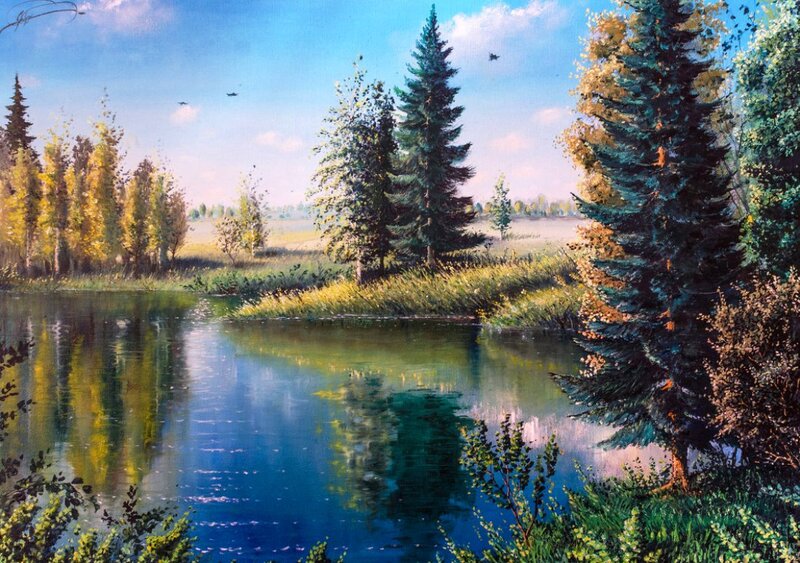 River with Trees — Blue, Serene, Afternoon, Painting