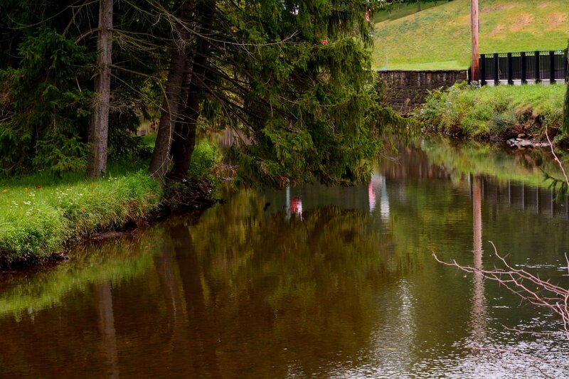 River with Trees — Green, Serene, Afternoon, Photograph, Bridge, Pole