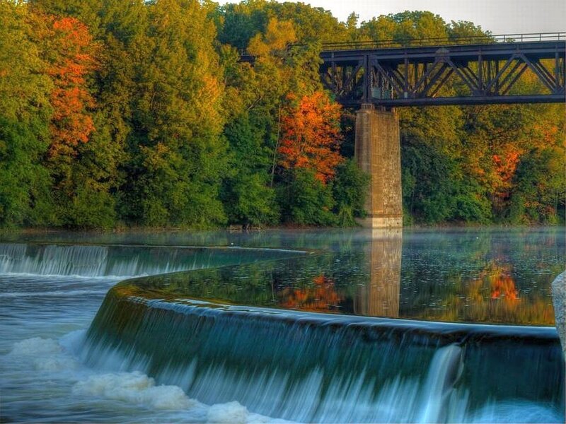 River with Waterfall and Bridge