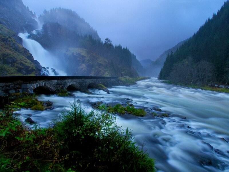 River with Waterfall — Blue, Misty, Morning