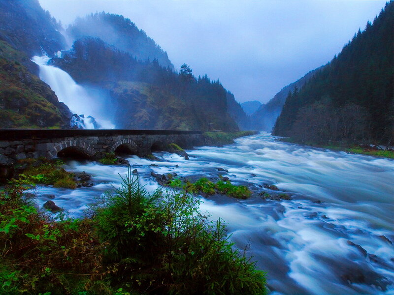 River with Waterfall — Blue, Misty