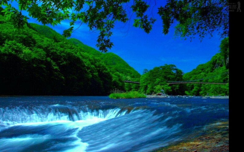 River with Waterfall — Blue, Serene, Afternoon, Photograph