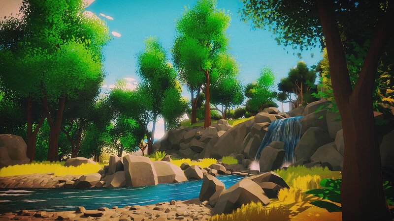 River with Waterfall — Green, Serene, Afternoon, Digital Art