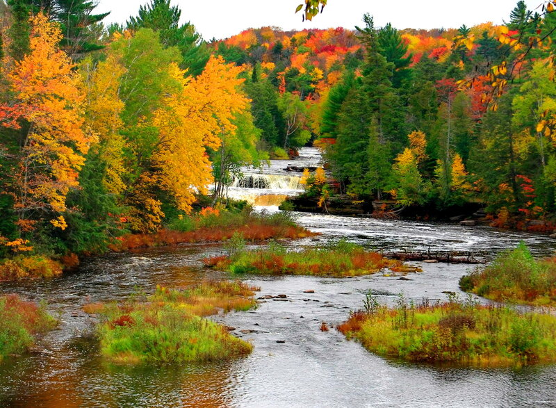 River with Waterfall — Green, Serene, Autumn, Photograph