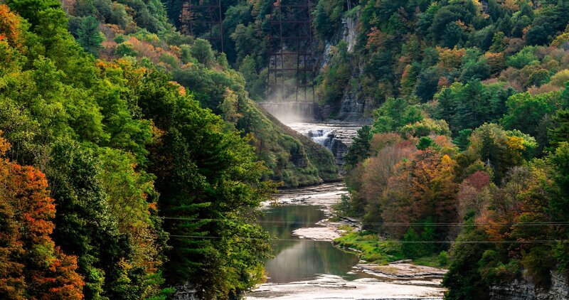 River with Waterfall — Green, Serene, Autumn, Photograph, Trees