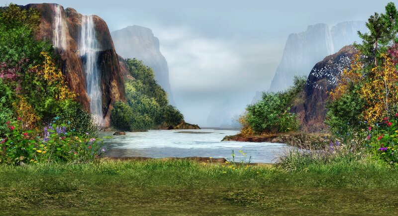 River with Waterfall — Green, Serene, Morning, Digital Art