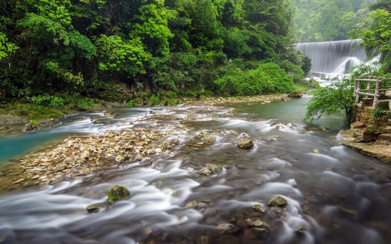 River with Waterfall — Green, Serene, Photograph, Forest