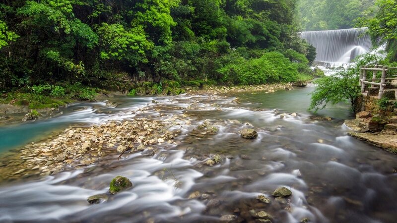 River with Waterfall — Green, Serene, Photograph