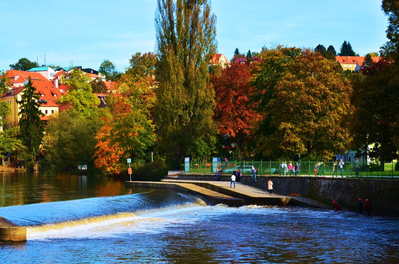 River with Weir and Autumn Trees