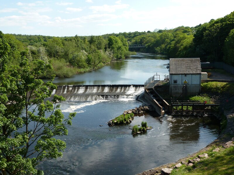 River with Weir and Building — Green