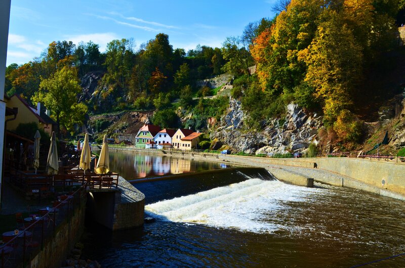 River with Weir and Houses
