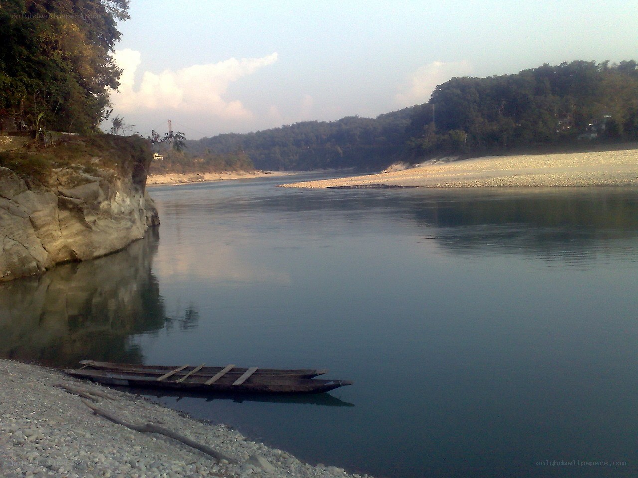 River with wooden boat