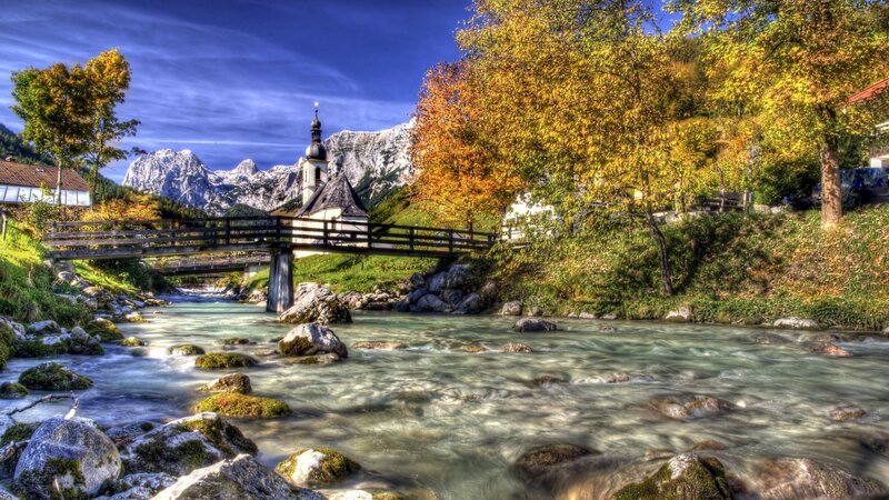 River with Wooden Bridge — Blue, Serene