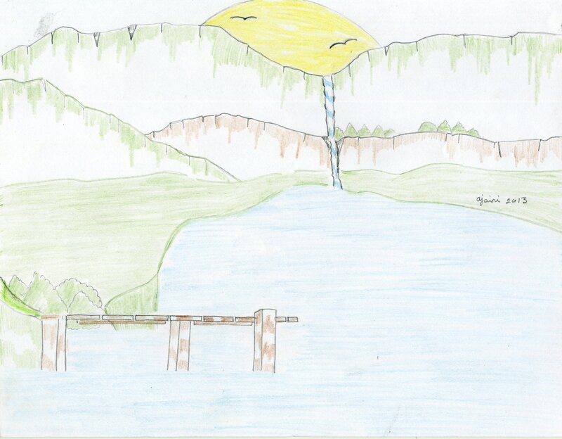 River with Wooden Bridge — Green, Serene, Afternoon, Illustration