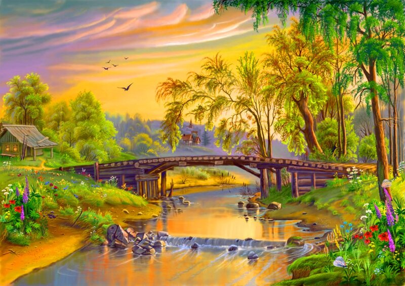 River with Wooden Bridge — Green, Serene