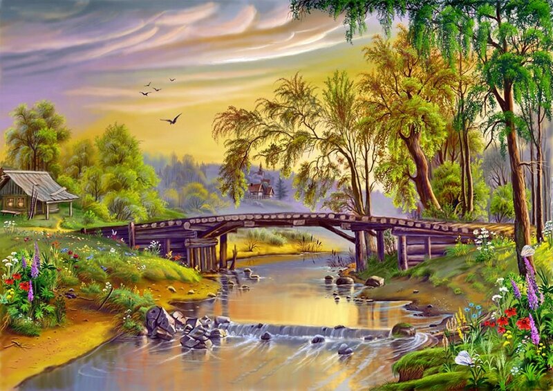 River with Wooden Bridge — Green