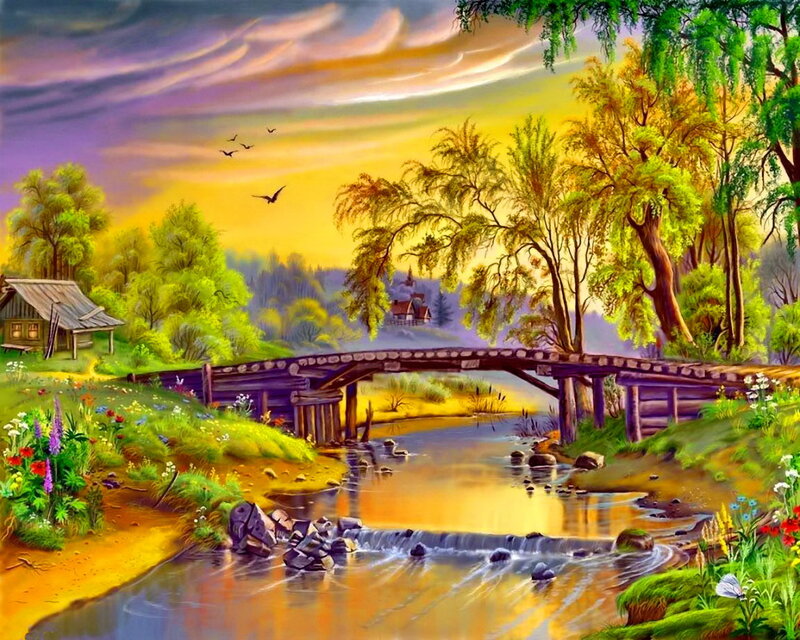 River with Wooden Bridge — Yellow