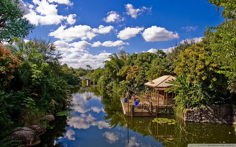 River with Wooden Hut — Blue
