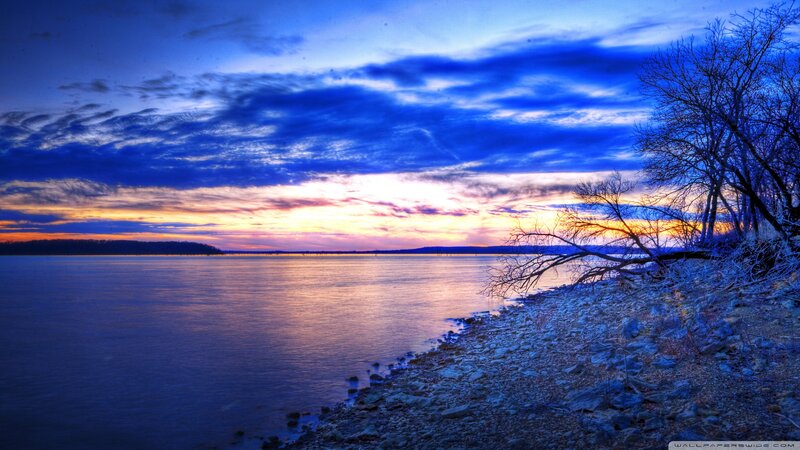Riverbank at Sunset — Blue, Dramatic