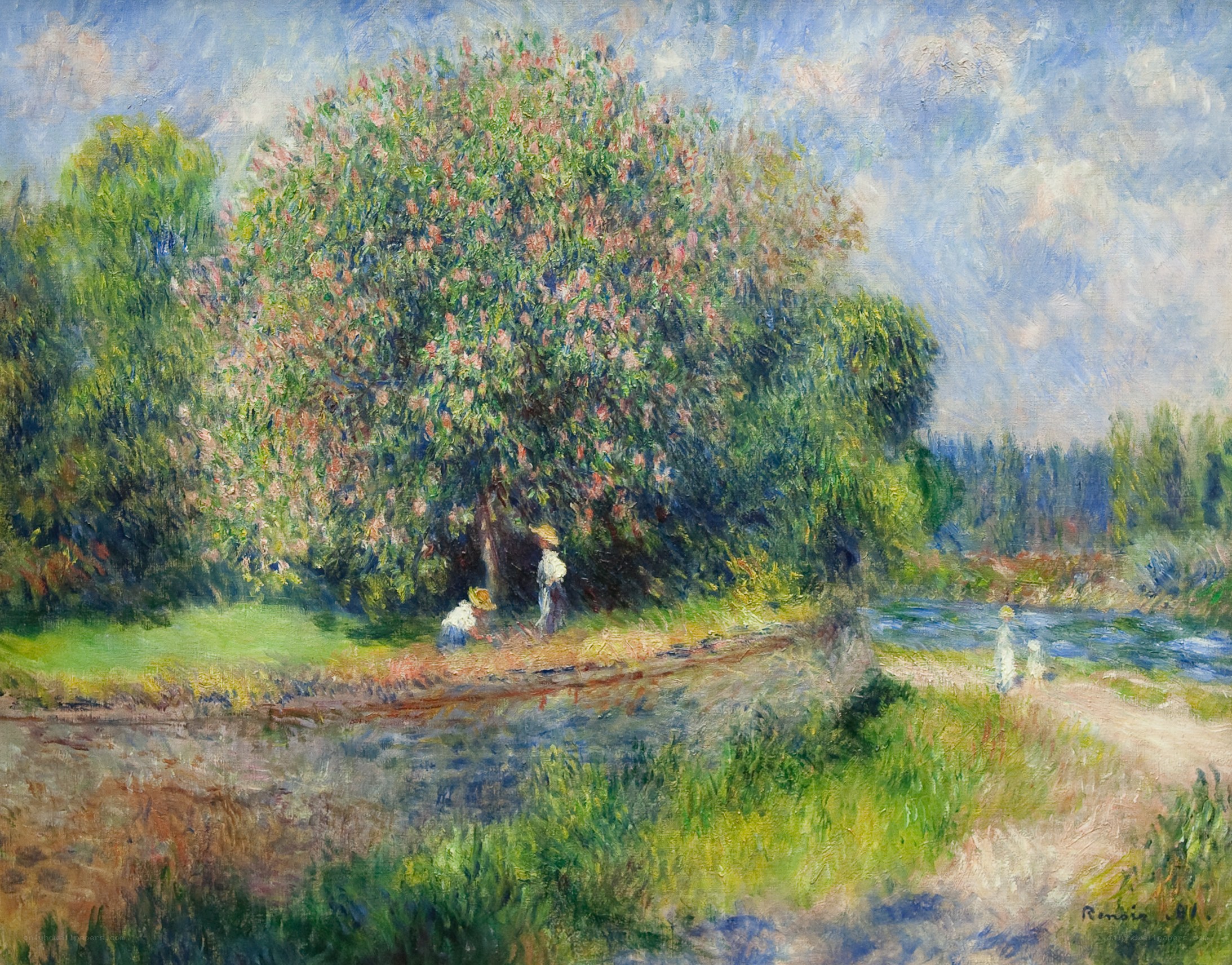 Riverbank under a flowering tree