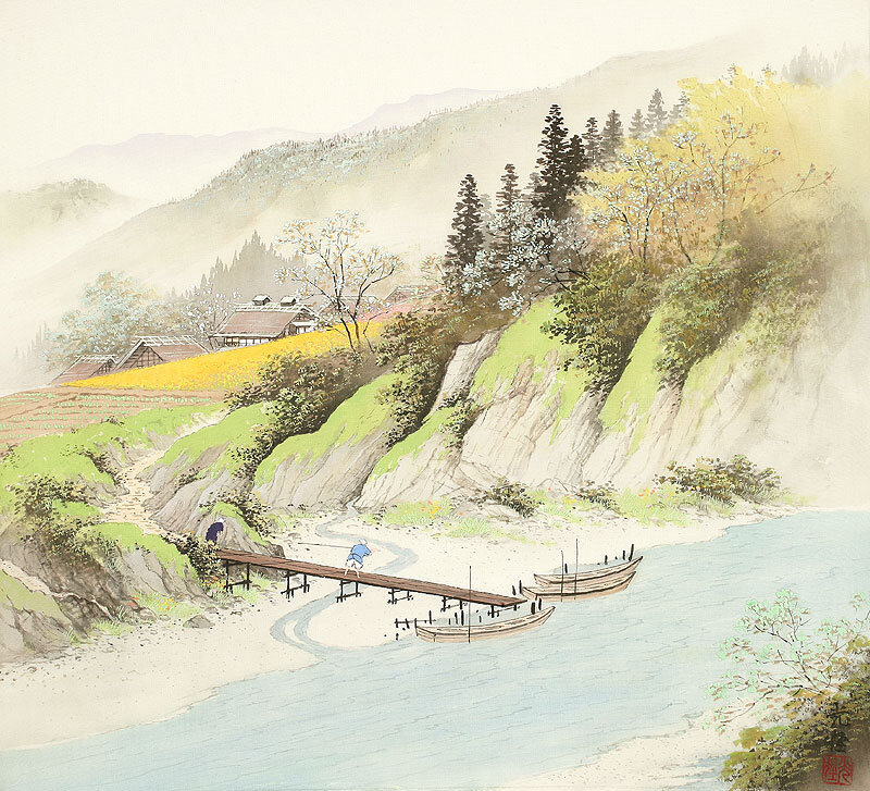Riverbank Village Scene — Green