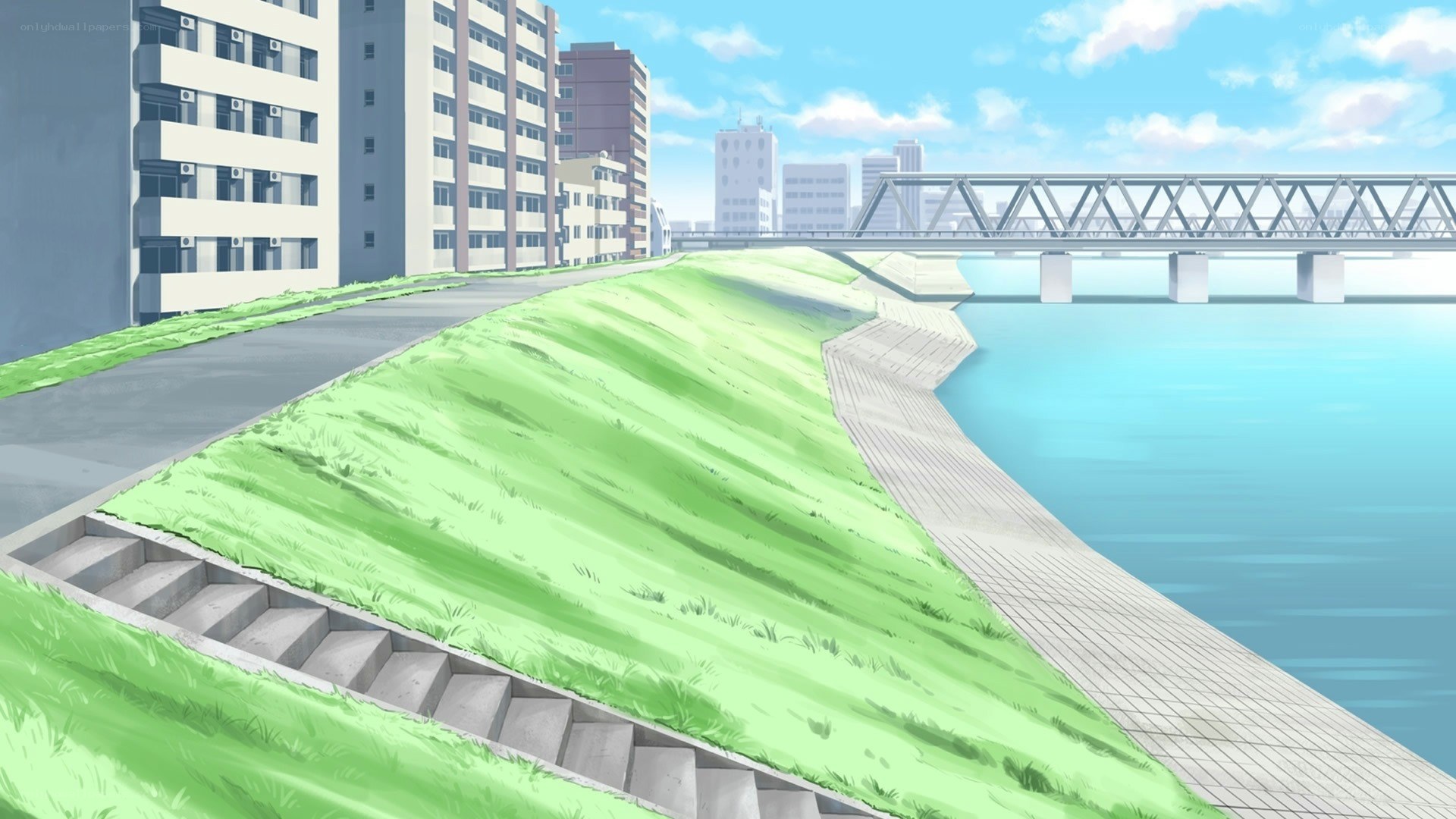 Riverbank with bridge and buildings
