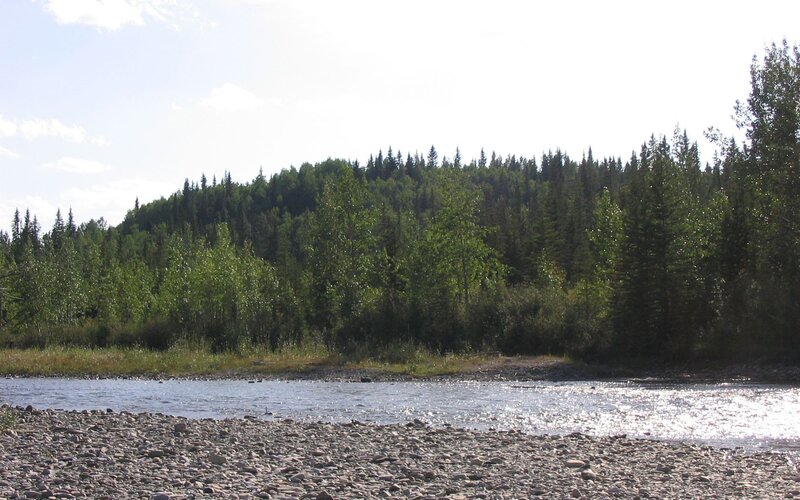 Riverbank with forested hill