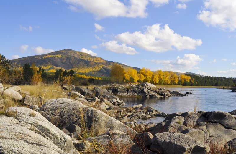 Riverbank with Rocks — Blue, Serene, Autumn
