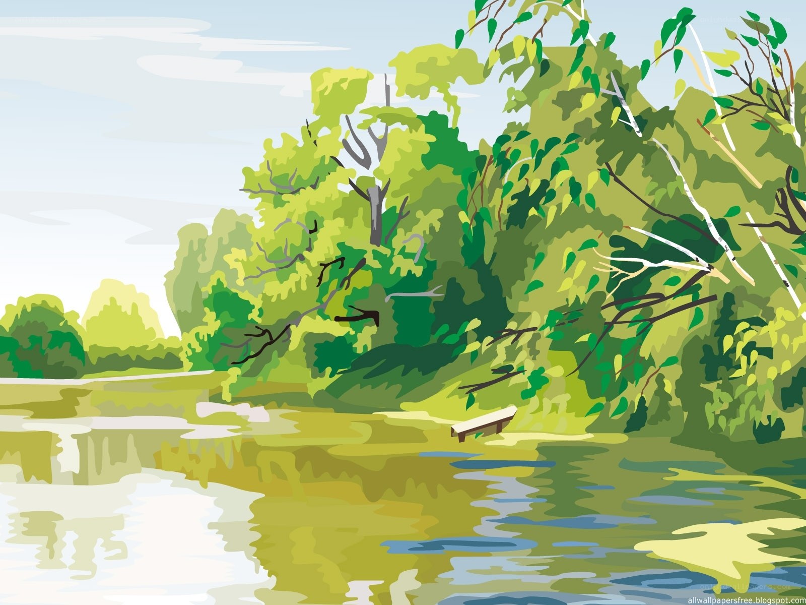 Riverbank with trees and bench