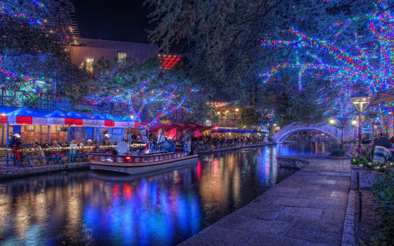 Riverboat on Canal — Blue, Festive, Night