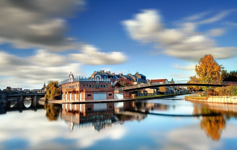 Riverfront Buildings and Bridge