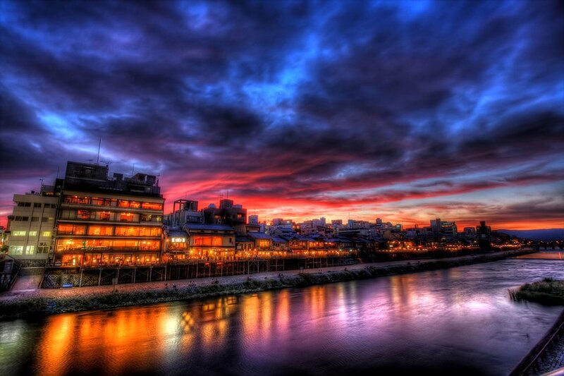 Riverfront Buildings at Dusk — Blue
