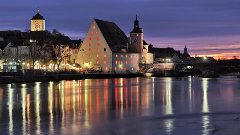 Riverfront Buildings at Dusk — Purple, Serene, Sunset