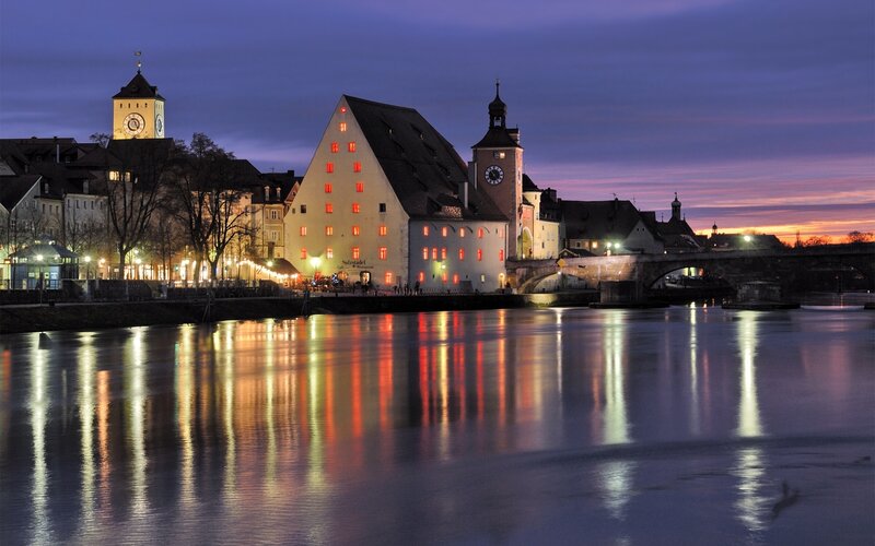 Riverfront Buildings at Dusk — Purple, Serene