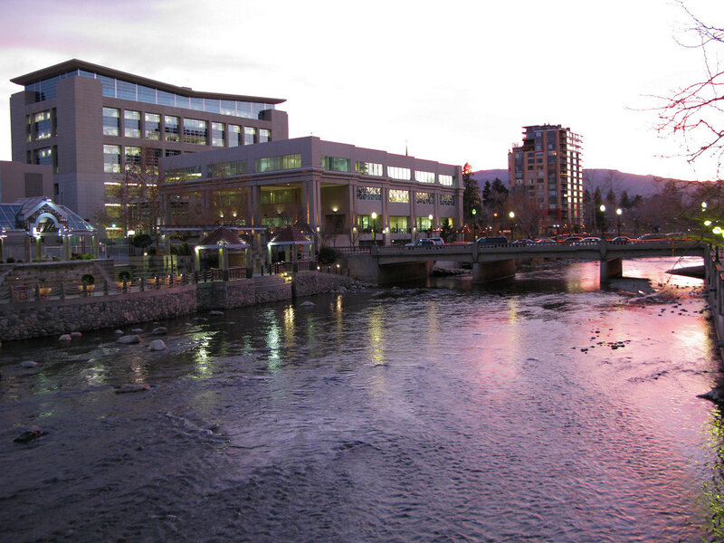 Riverfront buildings at dusk