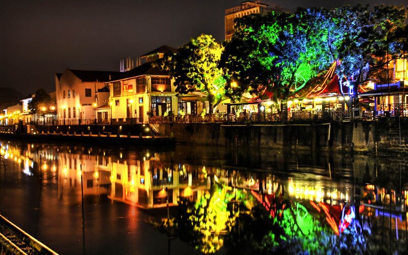 Riverfront Buildings at Night — Yellow, Calm, Photograph