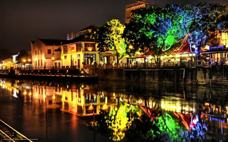 Riverfront Buildings at Night — Yellow, Calm, Photograph, Trees
