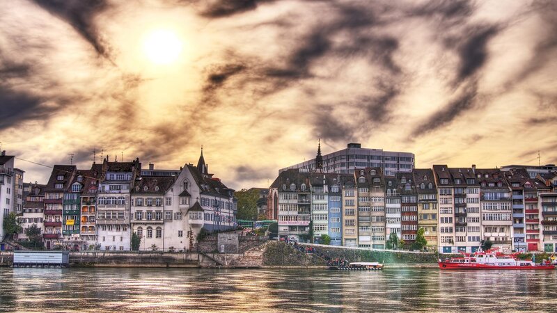 Riverfront Buildings at Sunset