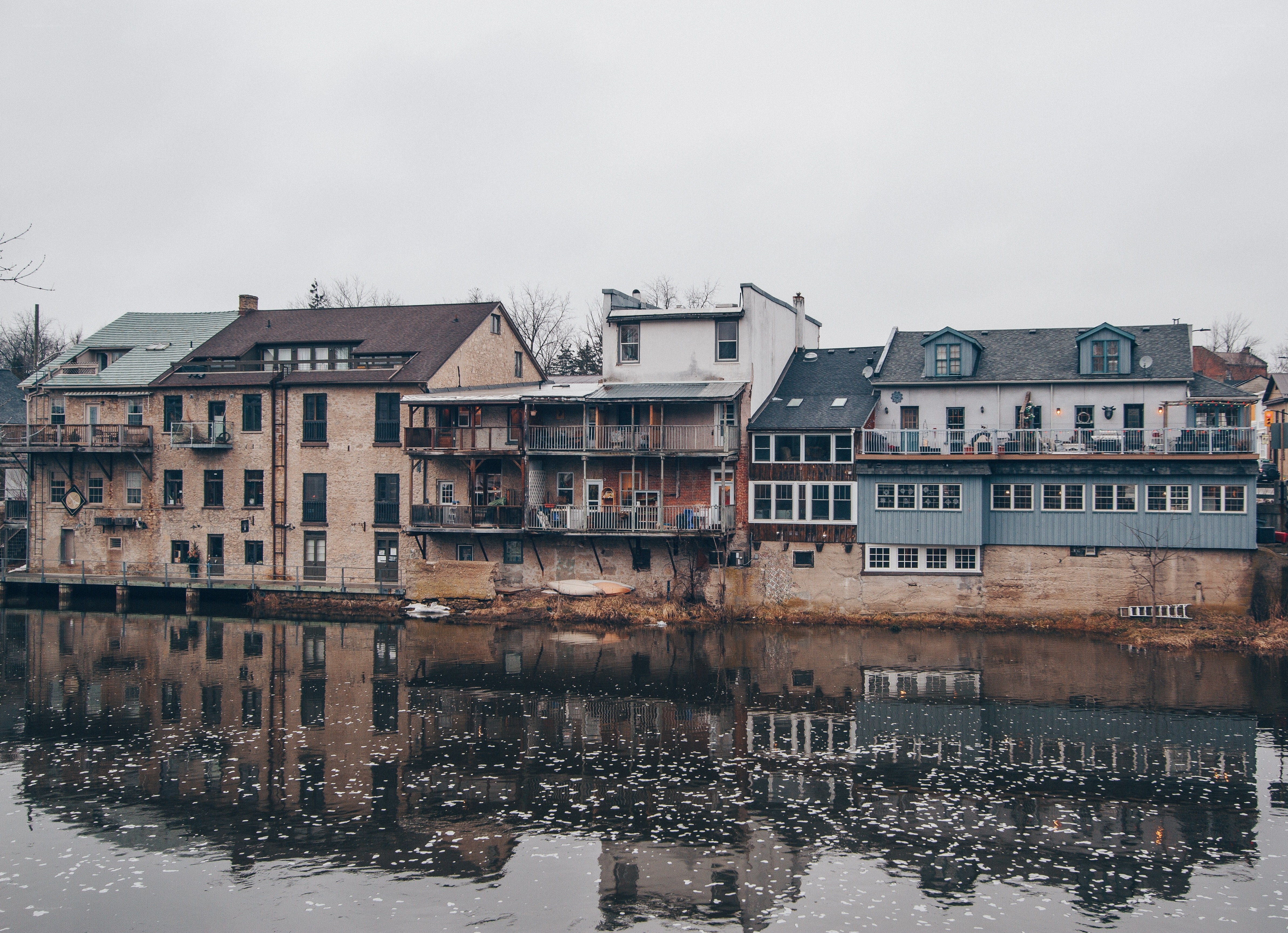 Riverfront buildings in a town