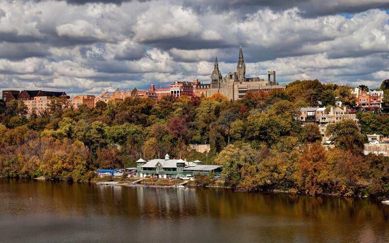 Riverfront city with historic buildings