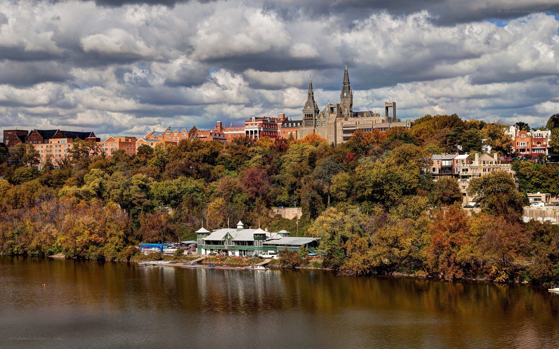 Riverfront city with historic buildings
