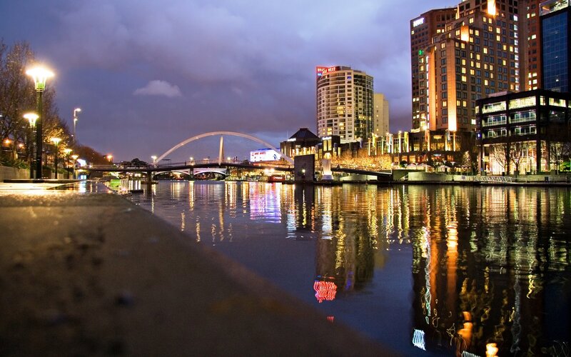 Riverfront Cityscape — Blue, Calm