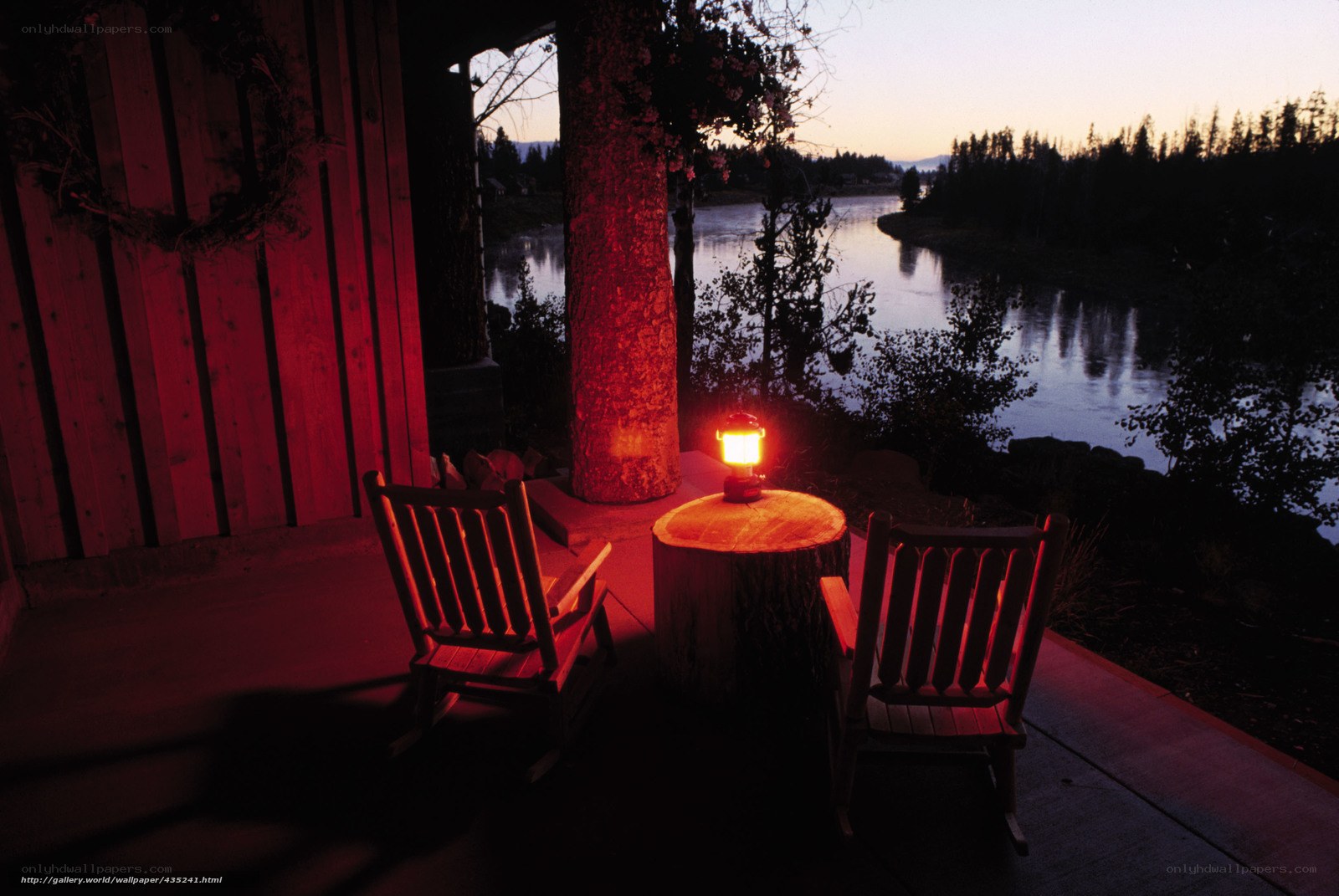 Riverfront porch at dusk