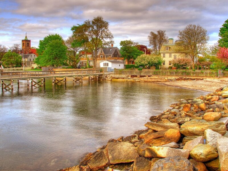 Riverfront Town Scene — Blue