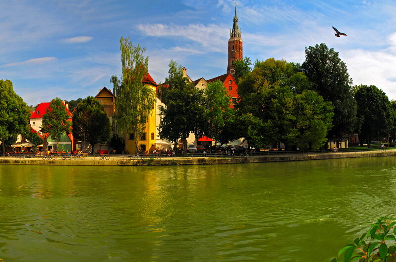 Riverfront Town Scene — Green